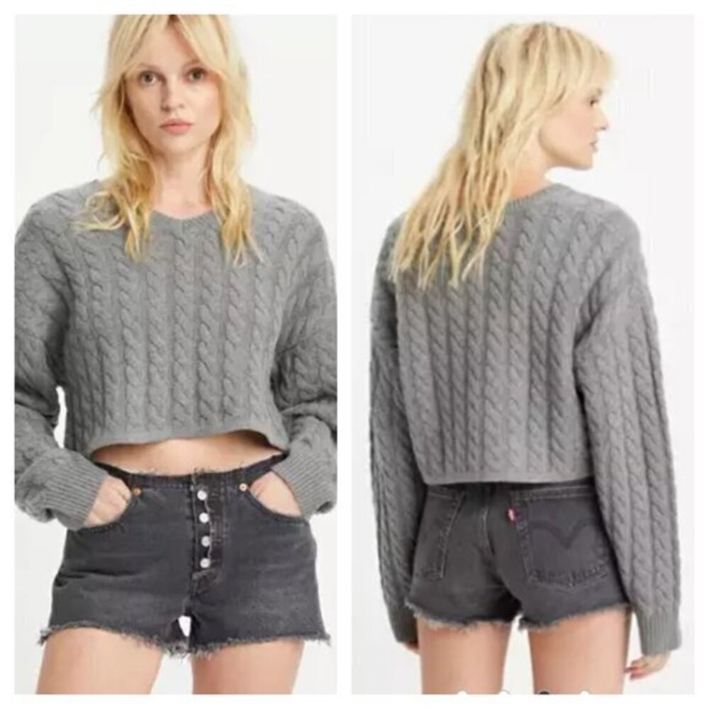 Levi's Rae Cropped Wool-Blend Cable Knit Sweater V-Necks M Gray